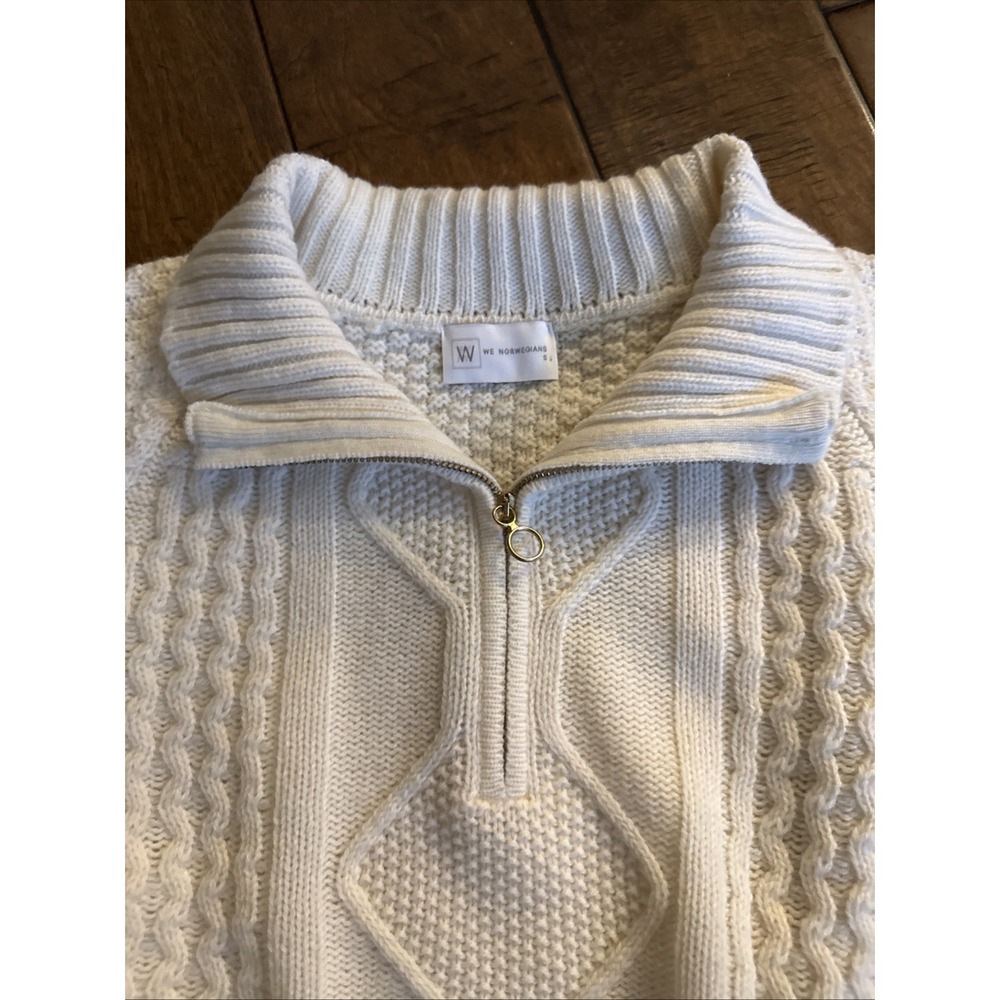We Norwegians Chunky Knit Fair Isle Merino Wool Blend Half zip Sweater Beige - S - Picture 2 of 8